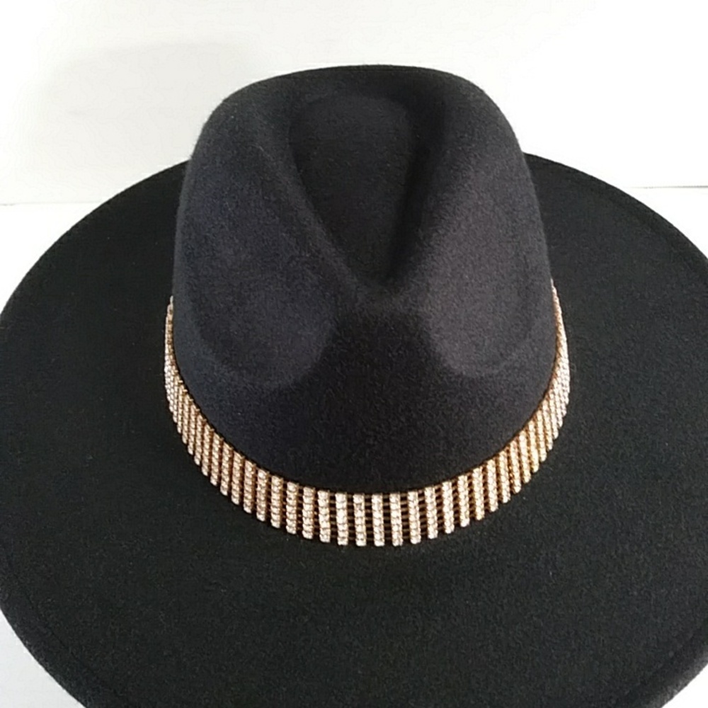 Black Fedora Hat With Gold Rhinestone Trim *EUC* - Picture 3 of 11